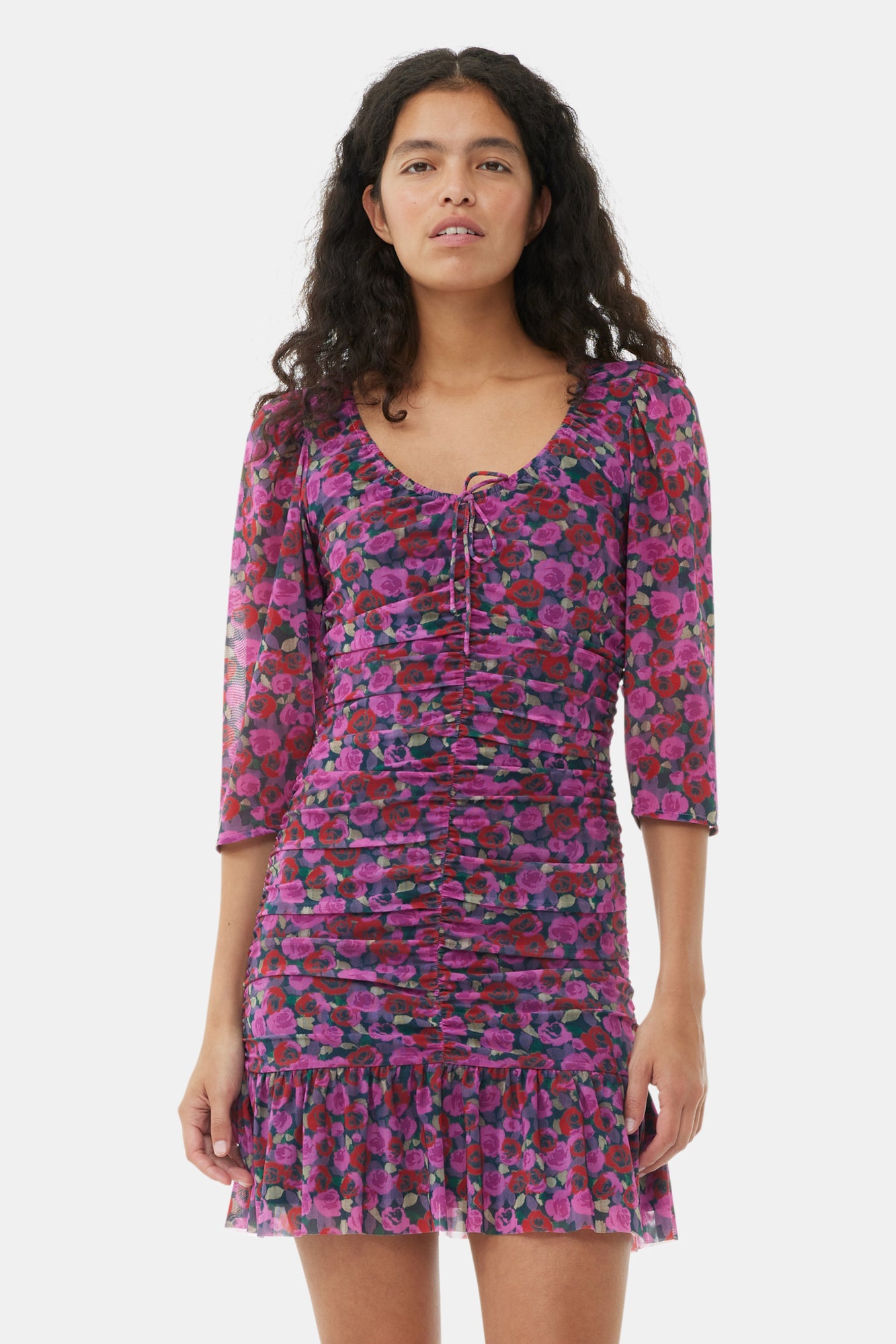Printed Mesh Flounce Ruched Mini Dress | Fiji Flower