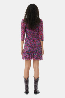 Printed Mesh Flounce Ruched Mini Dress | Fiji Flower