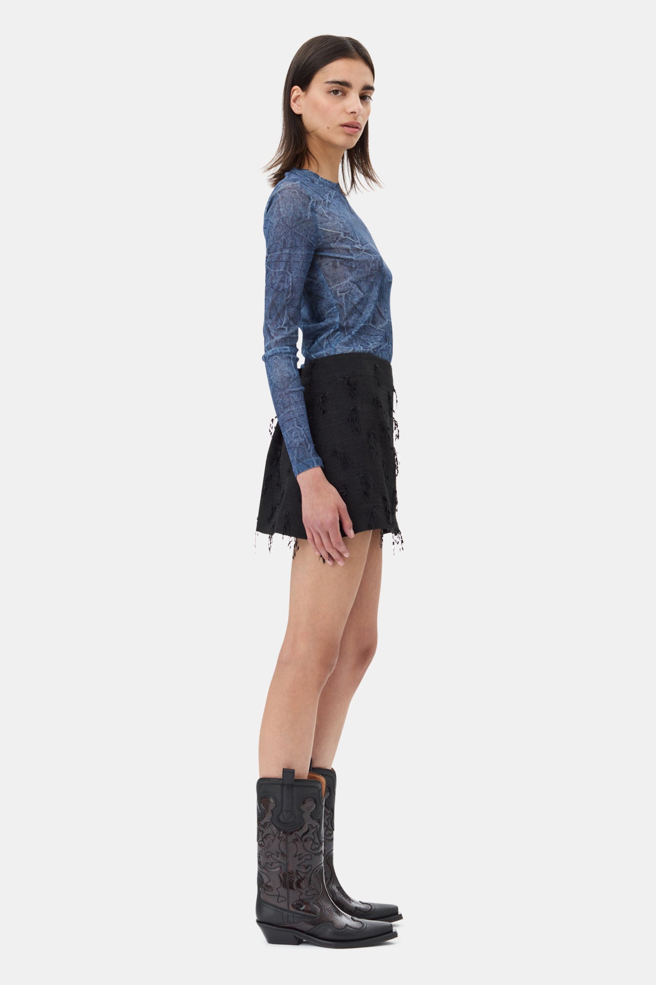 Printed Mesh Blouse | Denim