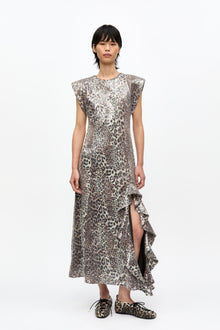Printed Stretch Sequins Slit Long Dress | Leopard