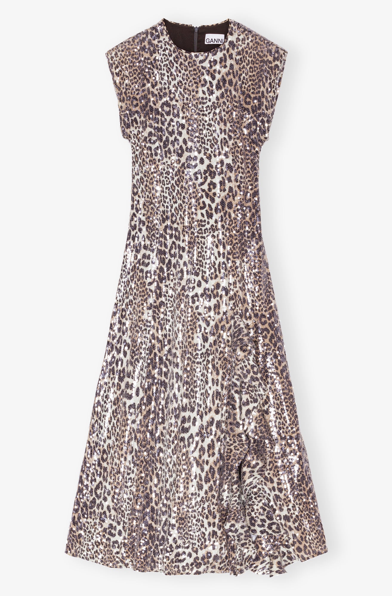 Printed Stretch Sequins Slit Long Dress | Leopard