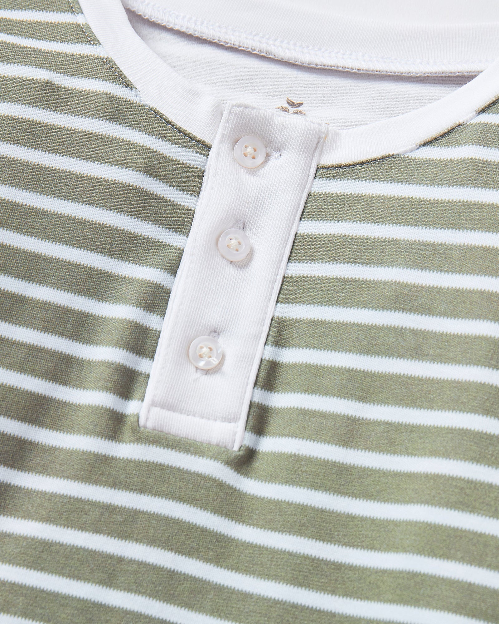 The Kid's Pima Snug Fit Pajama Set in Sage Stripe features green and white horizontal stripes, long sleeves, white cuffs at wrists and ankles, and a small button placket on the shirt. The set is displayed flat on a white background.