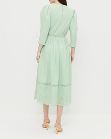 Thelma Eyelet Dress in mint green cotton and Alexandra Gold Slingback Heel.