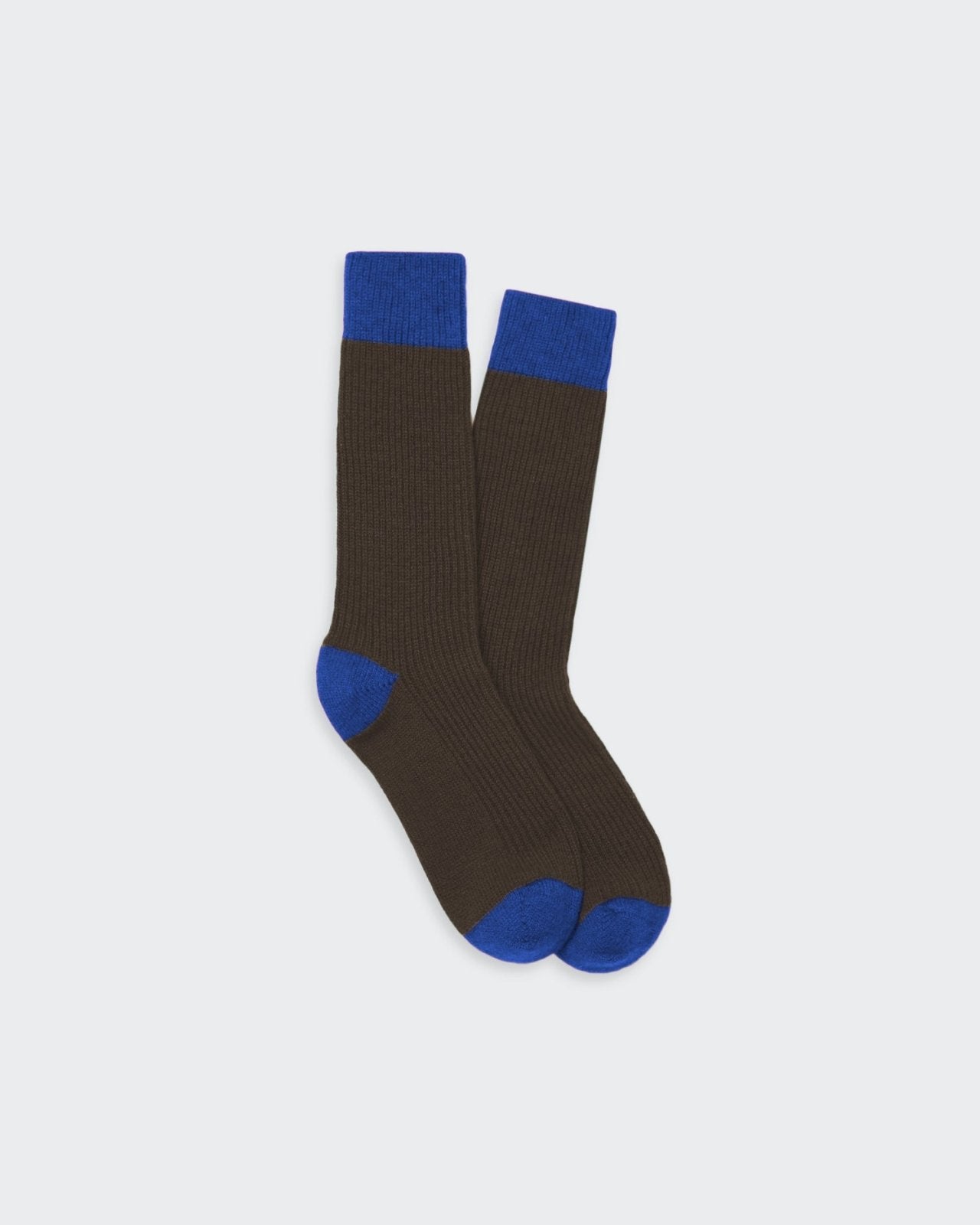The Soft Socks - Chestnut/Cobalt unisex cashmere socks with cobalt blue contrast heel, toe, and cuff details.