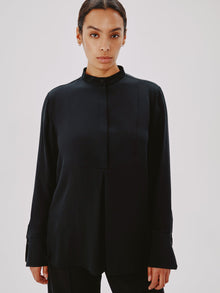 Another Tomorrow Tuxedo Blouse in Black – Silk Women's Top