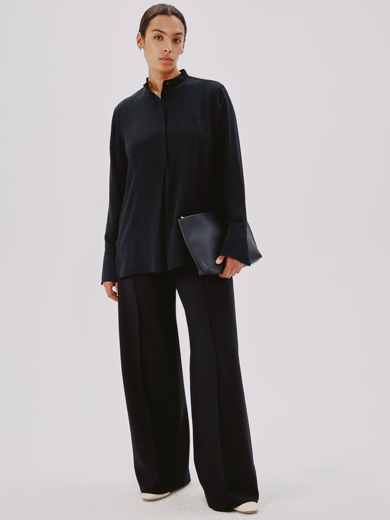 Another Tomorrow Tuxedo Blouse in Black – Silk Women's Top