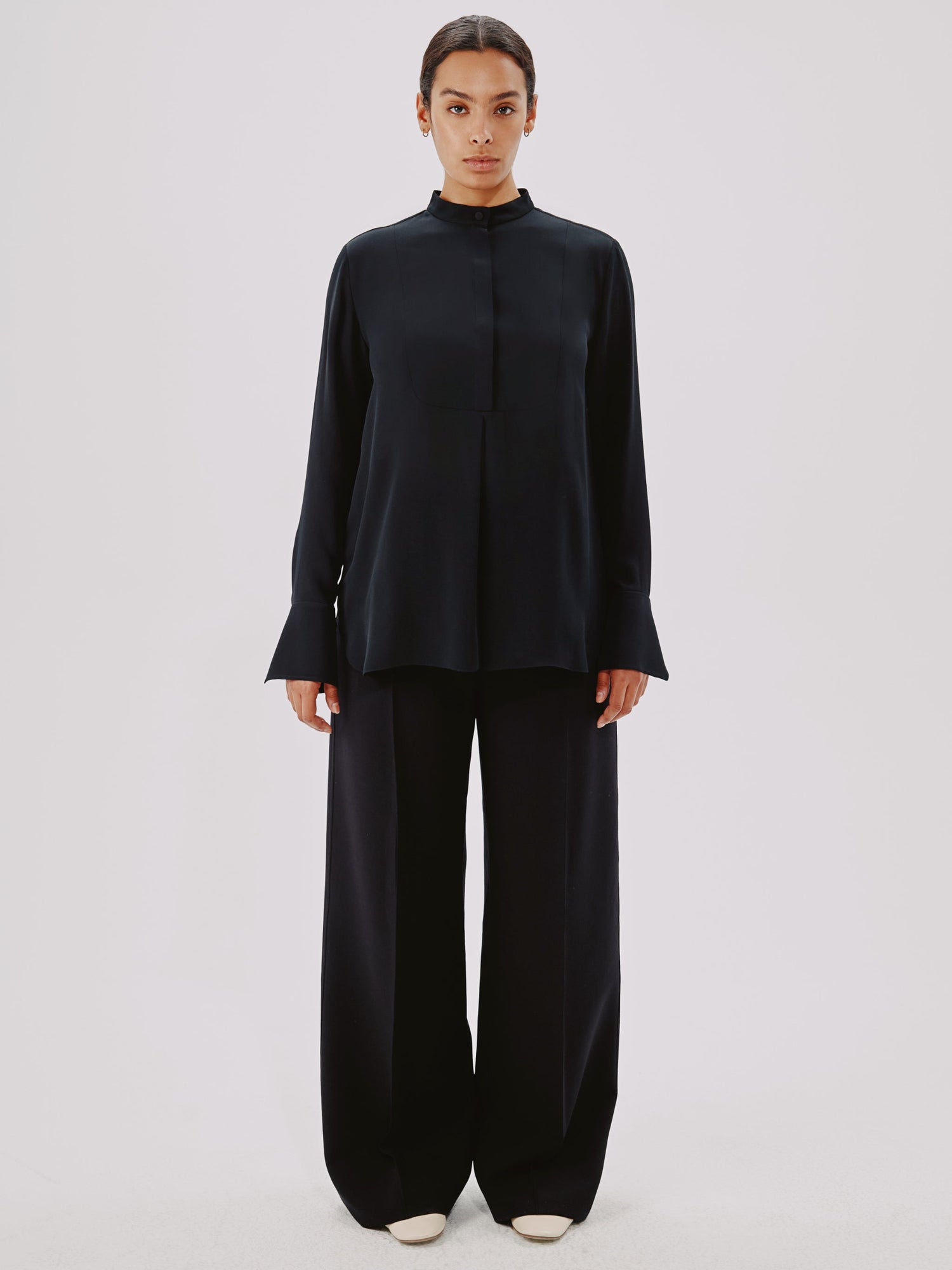 Another Tomorrow Tuxedo Blouse in Black – Silk Women's Top