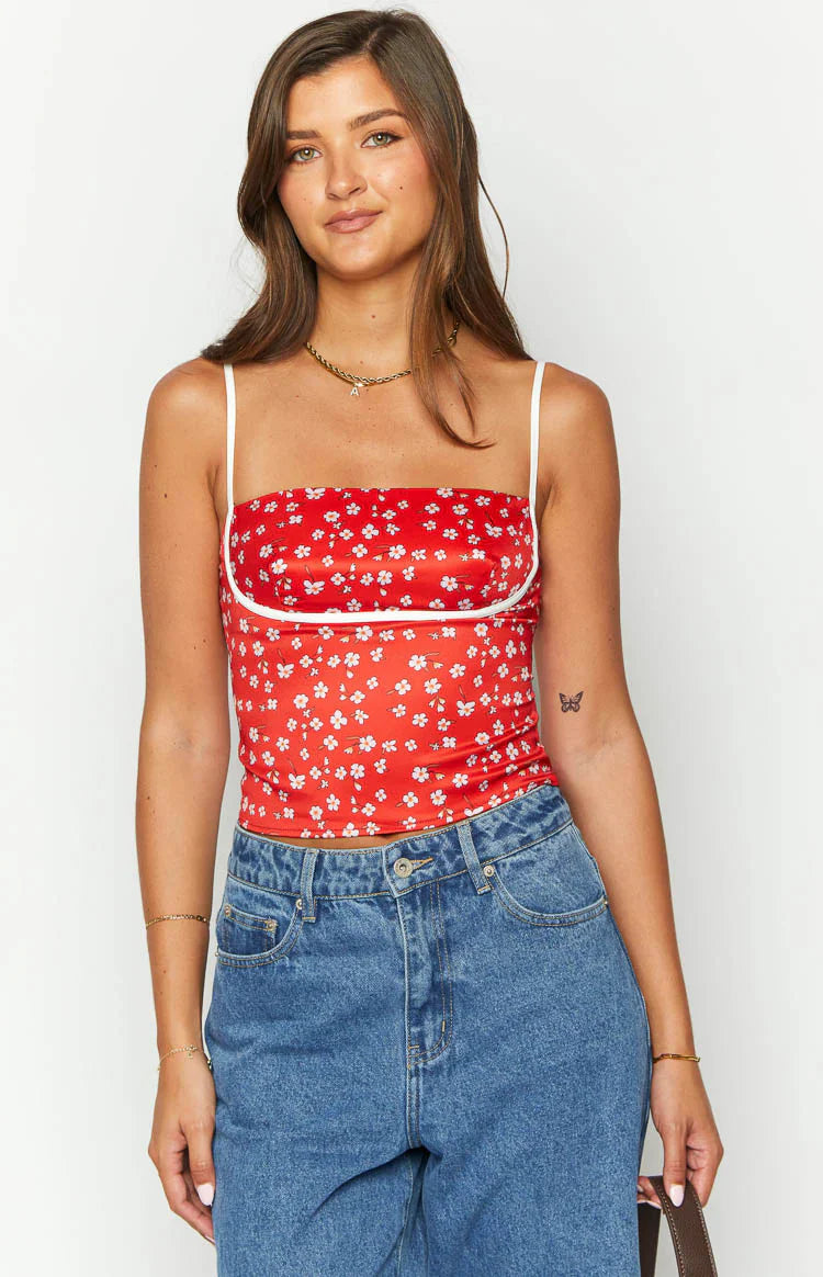 Tamra Floral Low Back Top | Red