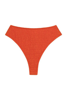 Tangerine textured bikini bottom with high-cut legs and wide waistband.