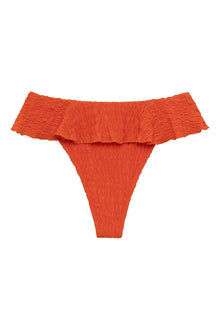Tangerine bikini bottom with ruffled off-shoulder neckline and textured fabric.
