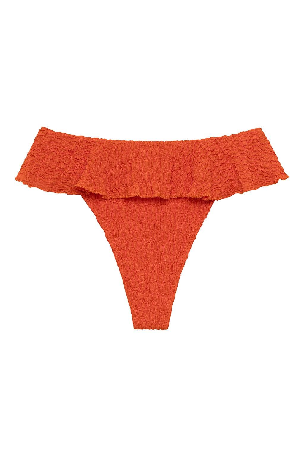 Tangerine bikini bottom with ruffled off-shoulder neckline and textured fabric.