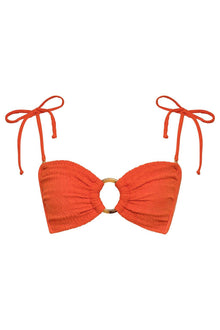 Tangerine bandeau bikini top with bow-tie shoulder straps and gold ring center detail.