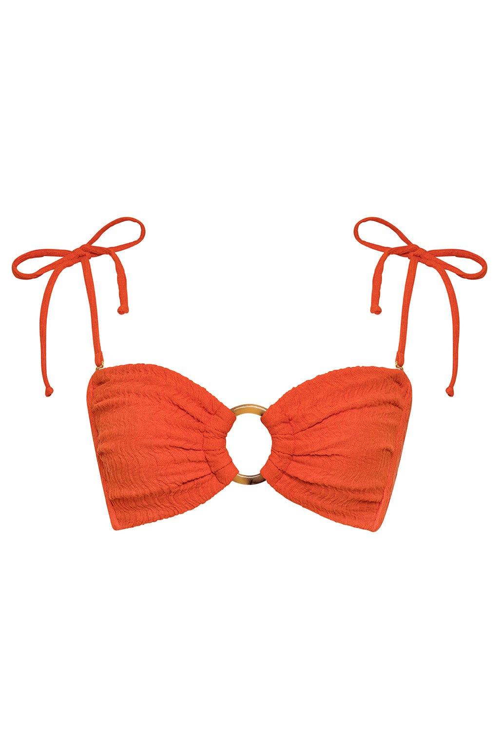 Tangerine bandeau bikini top with bow-tie shoulder straps and gold ring center detail.
