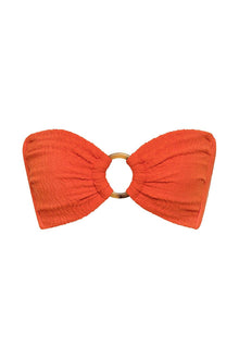 Tangerine bandeau bikini top with gathered cups and gold ring center closure.