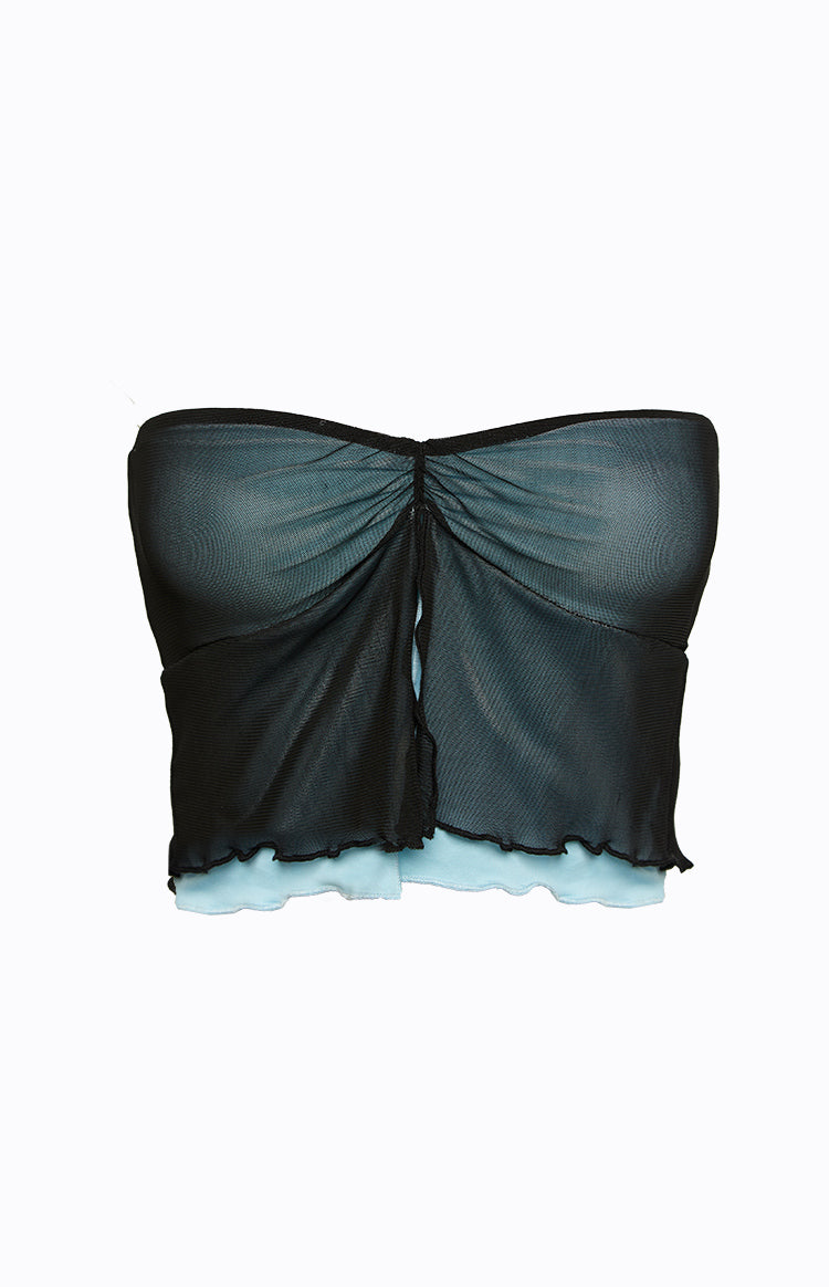 Close-up of the ruched center back seam of a black mesh top with a light blue contrast lining