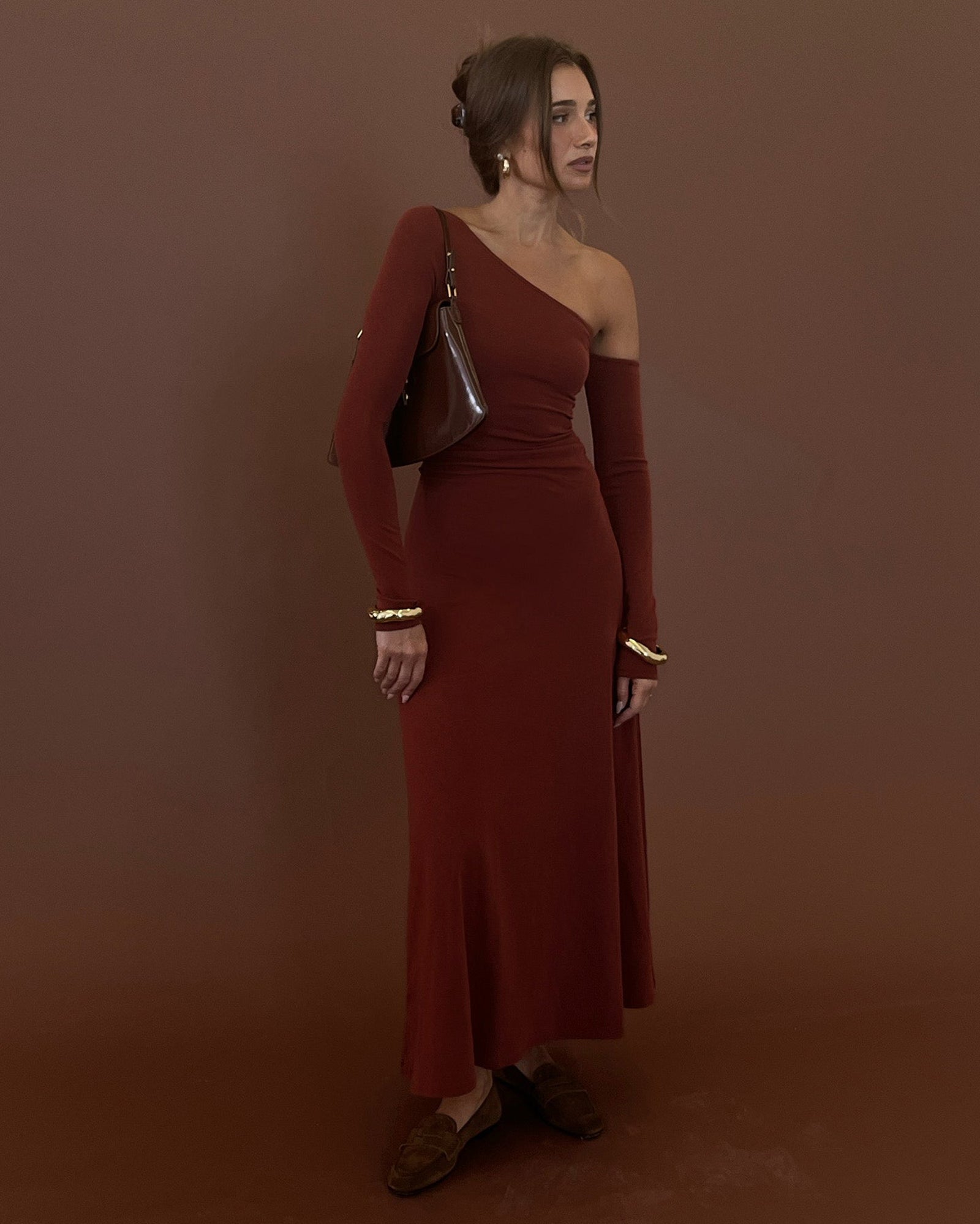 Long Sleeve Off Shoulder Dress | Chestnut