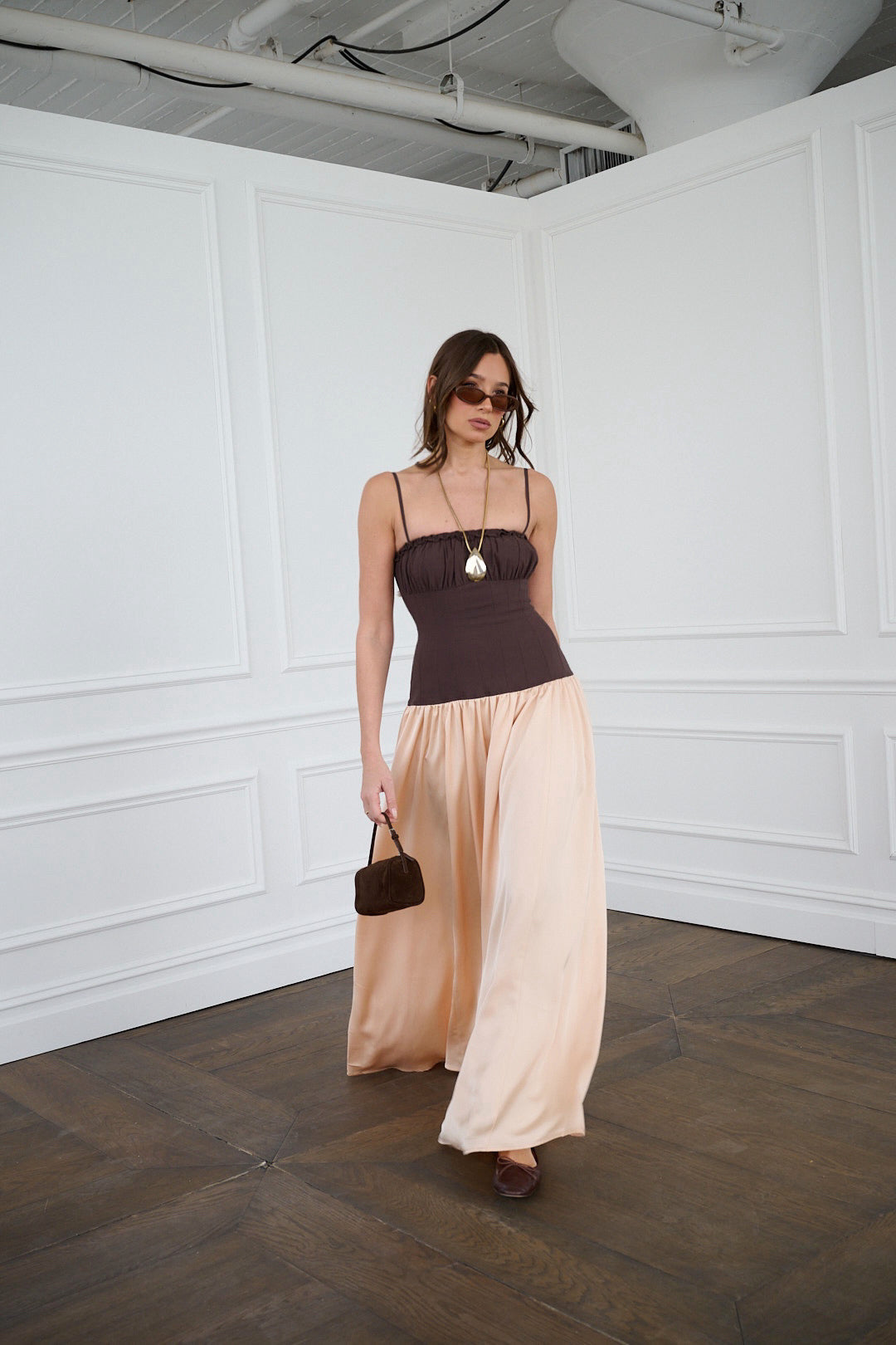 Ruffle Corset Maxi Dress | Chestnut/Blush