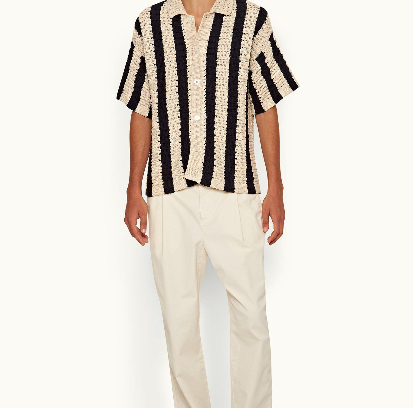 Thomas Crochet Crochet Stripe Relaxed Fit Organic Cotton Shirt | Night Iris/Cashew