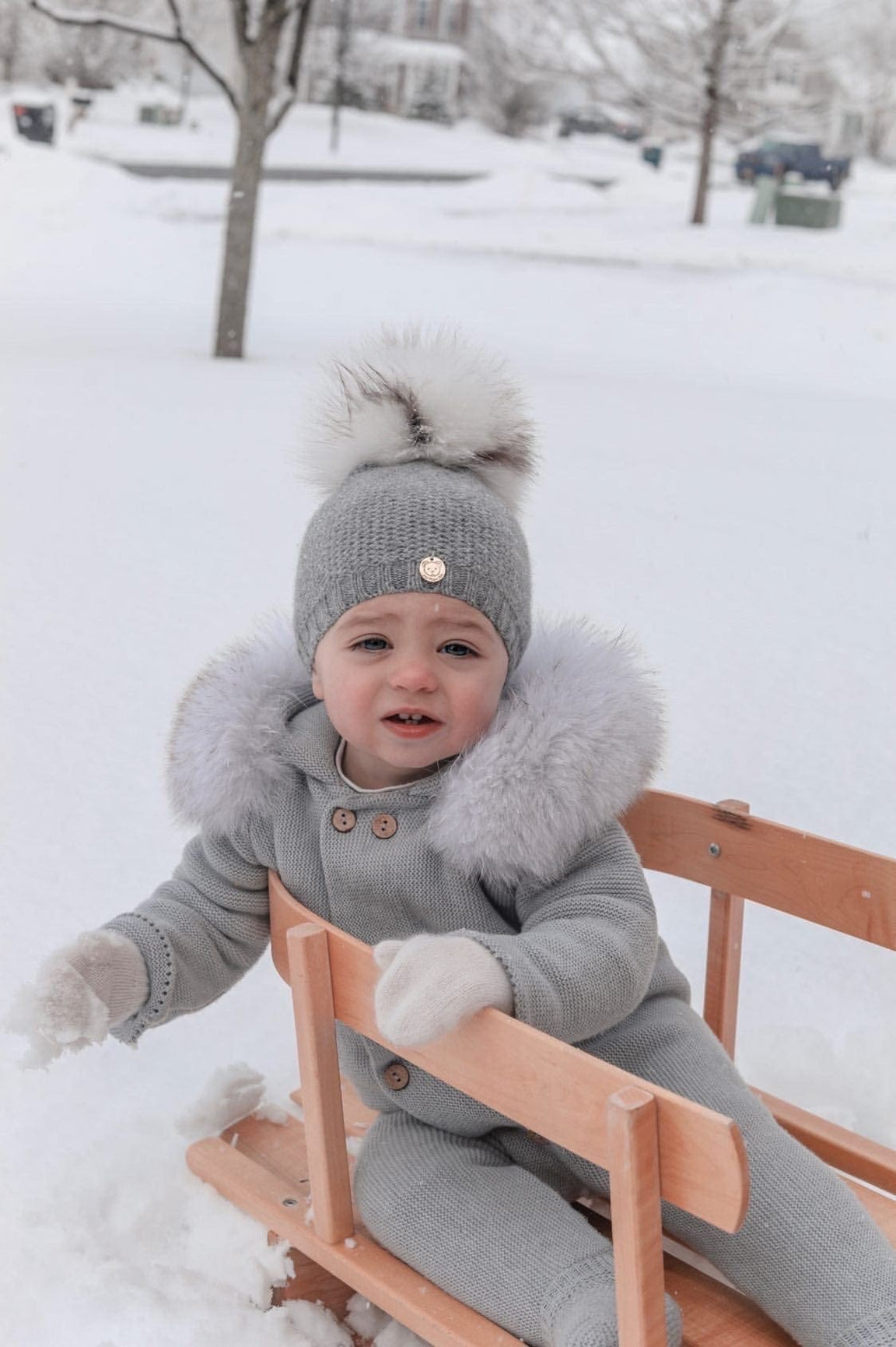 Unisex | Honeycomb Cashmere Beanie Hats White Print Pom | Grey