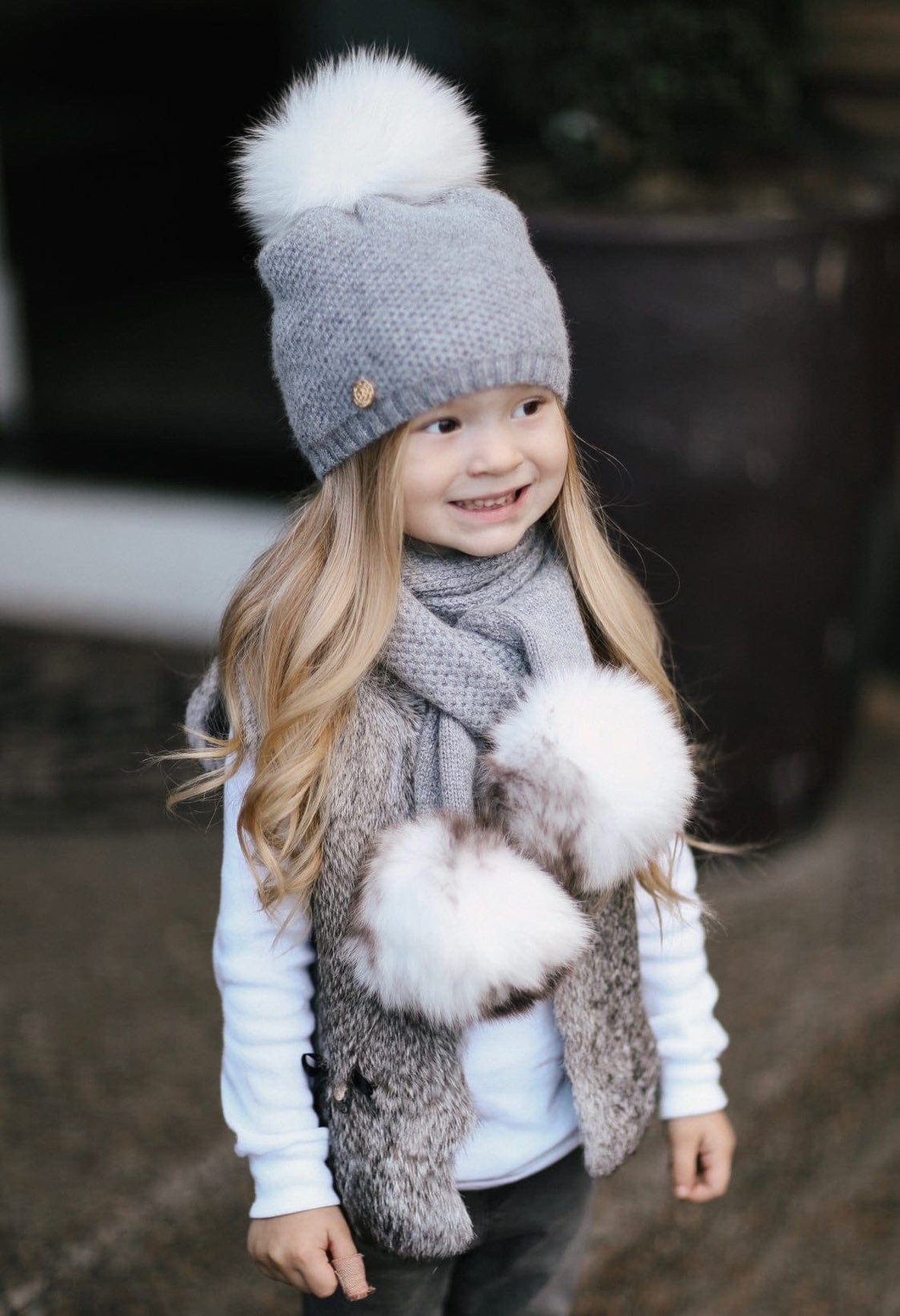 Unisex | Honeycomb Cashmere Beanie Hats White Print Pom | Grey