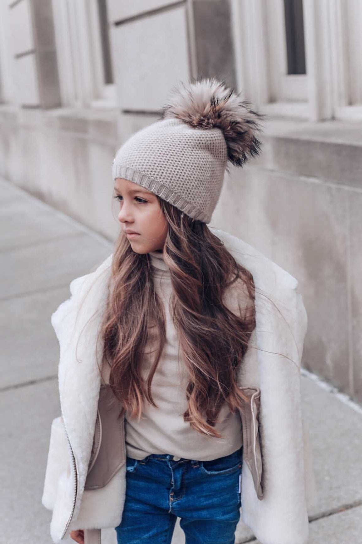 Unisex | Honeycomb Cashmere Beanie with Pom | Beige