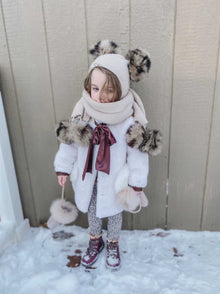 Unisex | Honeycomb Cashmere Fur Pom Scarf Animal Print Fur Poms | Beige