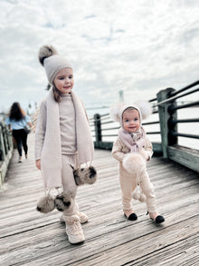 Unisex | Honeycomb Cashmere Fur Pom Scarf White Fur Poms | Beige