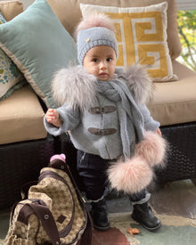 Unisex | Honeycomb Grey Cashmere Pom Scarf Pink Poms | Gray