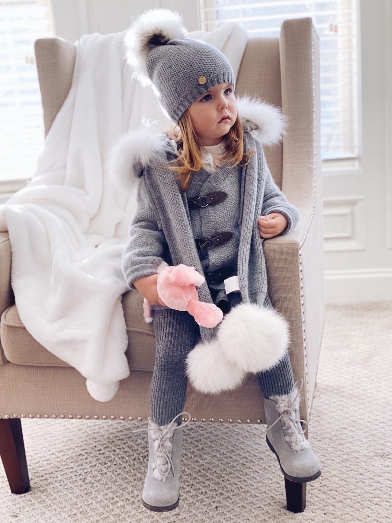 Unisex | Honeycomb Grey Cashmere Pram Coat with White Print Trim | Gray