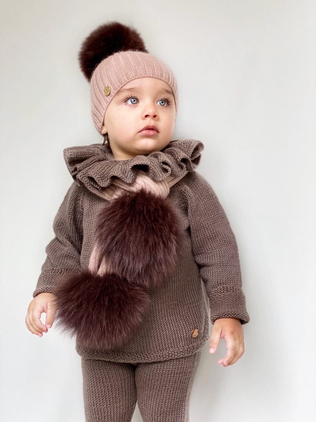 Unisex | Misha Ribbed Angora Hat Fur Pom | Beige x Brown