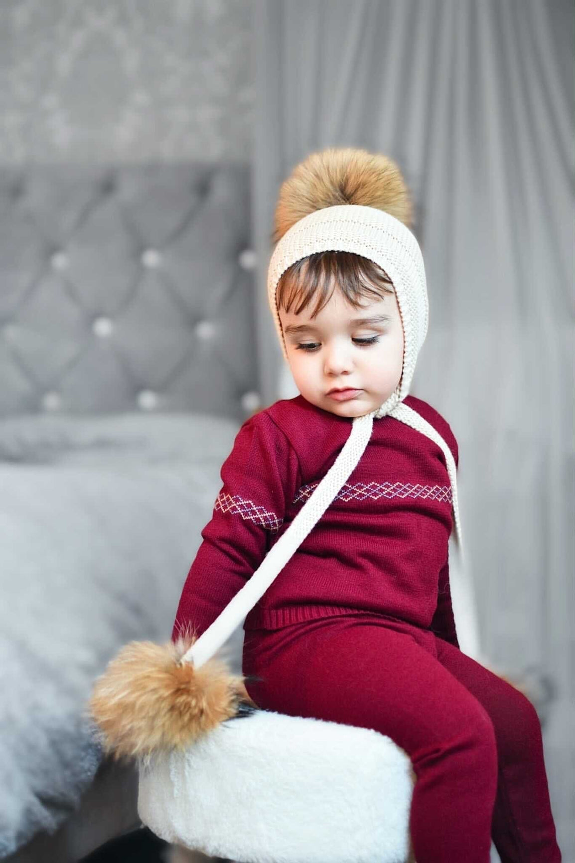 Unisex | Pasha Three Pom Hat Natural Poms | Beige