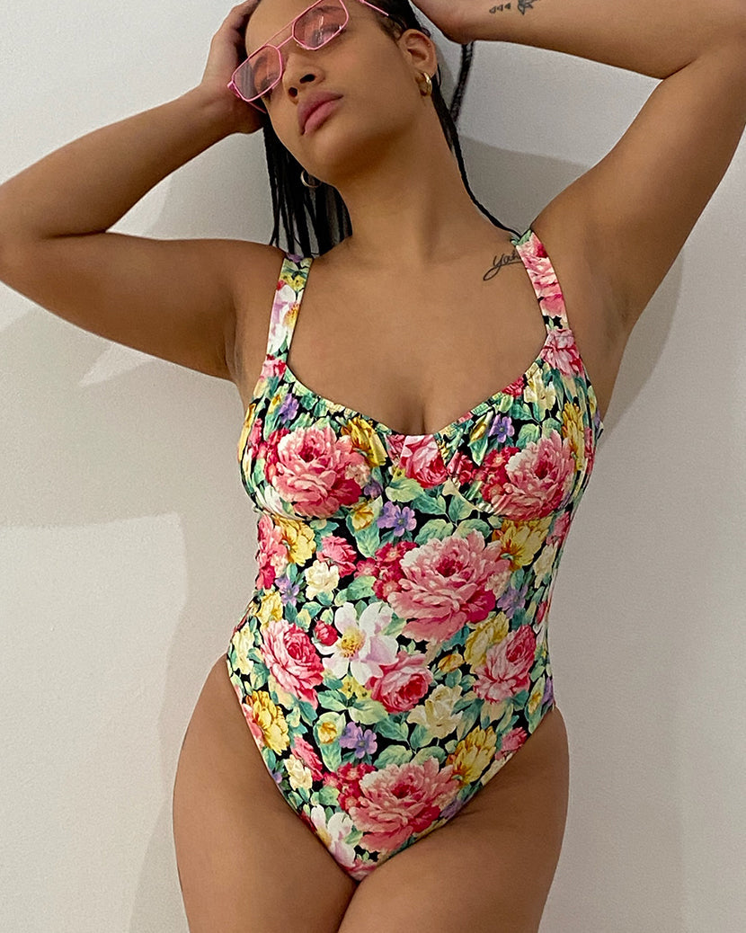Ruched Cup Vintage Roses One Piece | Black
