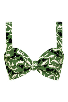 Green and black floral print bikini top with bow-tie center detail and adjustable straps.
