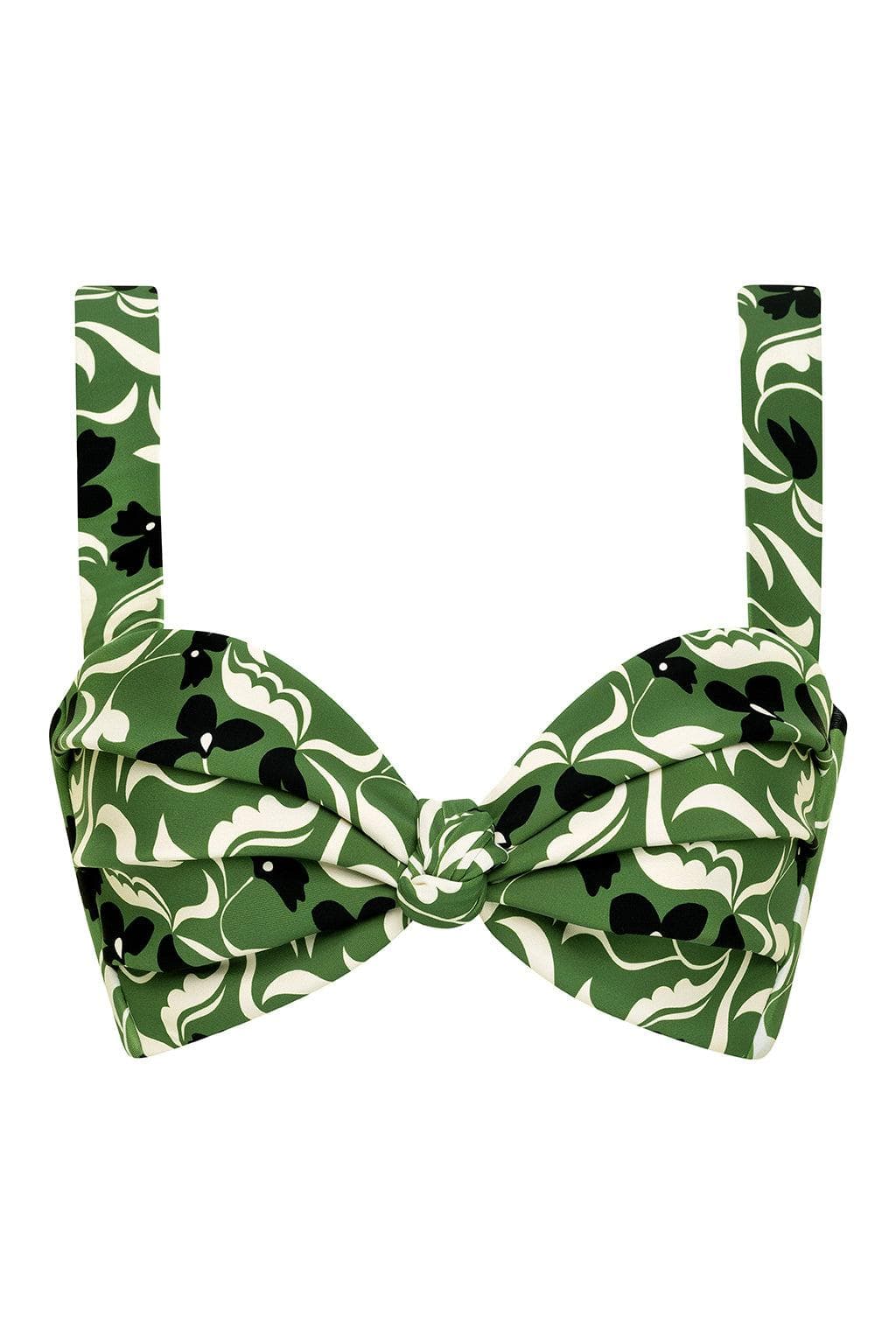 Green and black floral print bikini top with bow-tie center detail and adjustable straps.