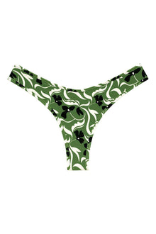 Green and white floral bikini bottom with black flower accents and ruffled waistband edges.