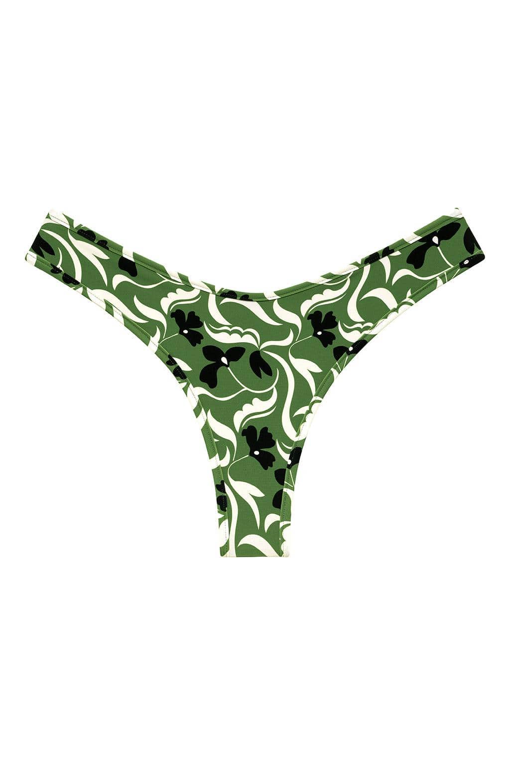 Green and white floral bikini bottom with black flower accents and ruffled waistband edges.