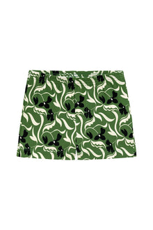 Green swim trunk with abstract floral pattern in black, cream, and light green with drawstring closure.