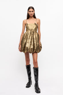 Shibori Pleat Strap Mini Dress | Gold