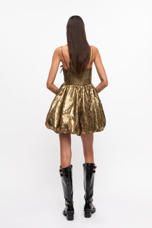 Shibori Pleat Strap Mini Dress | Gold