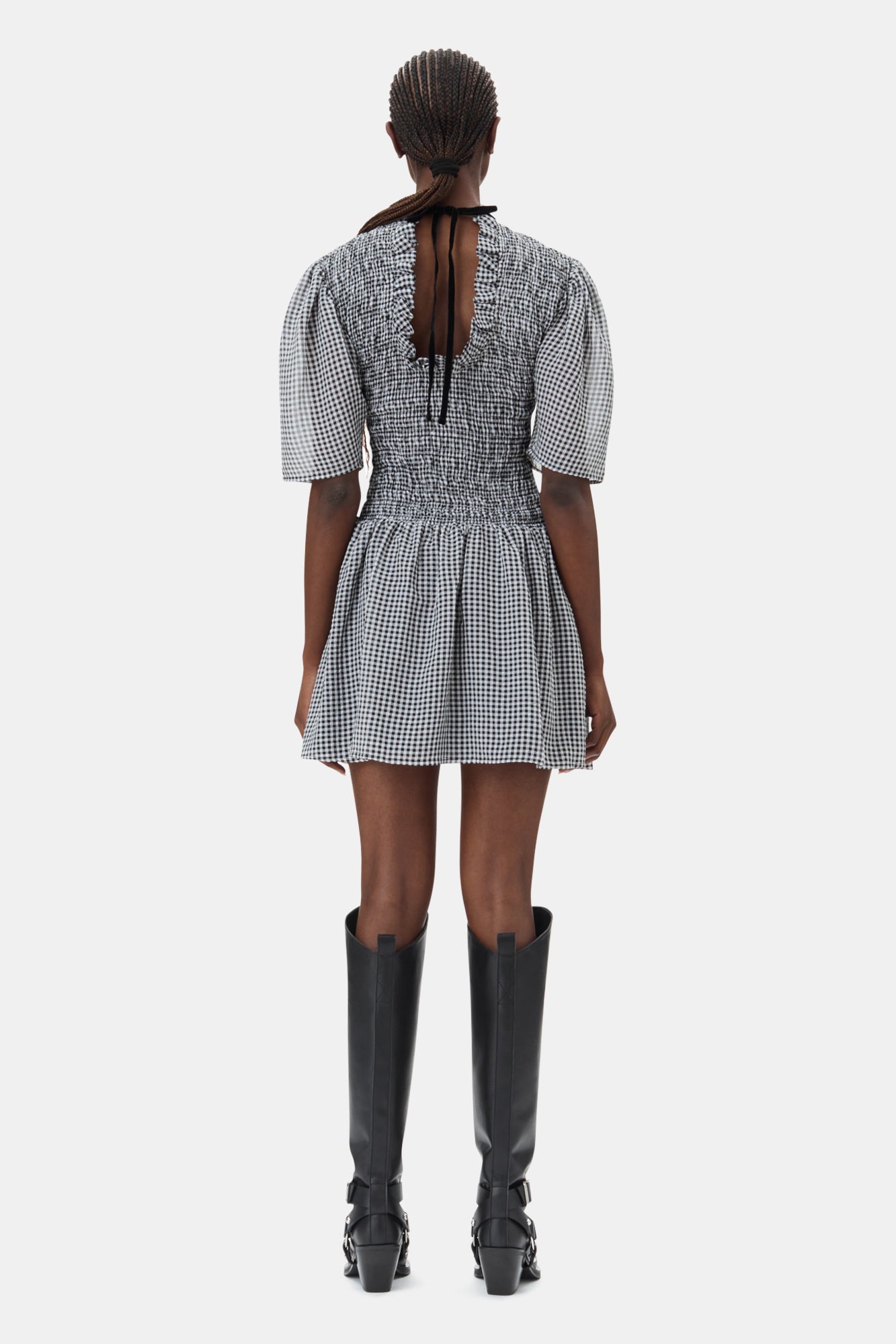 Sheer Fluid Check Mini Smock Dress | Black