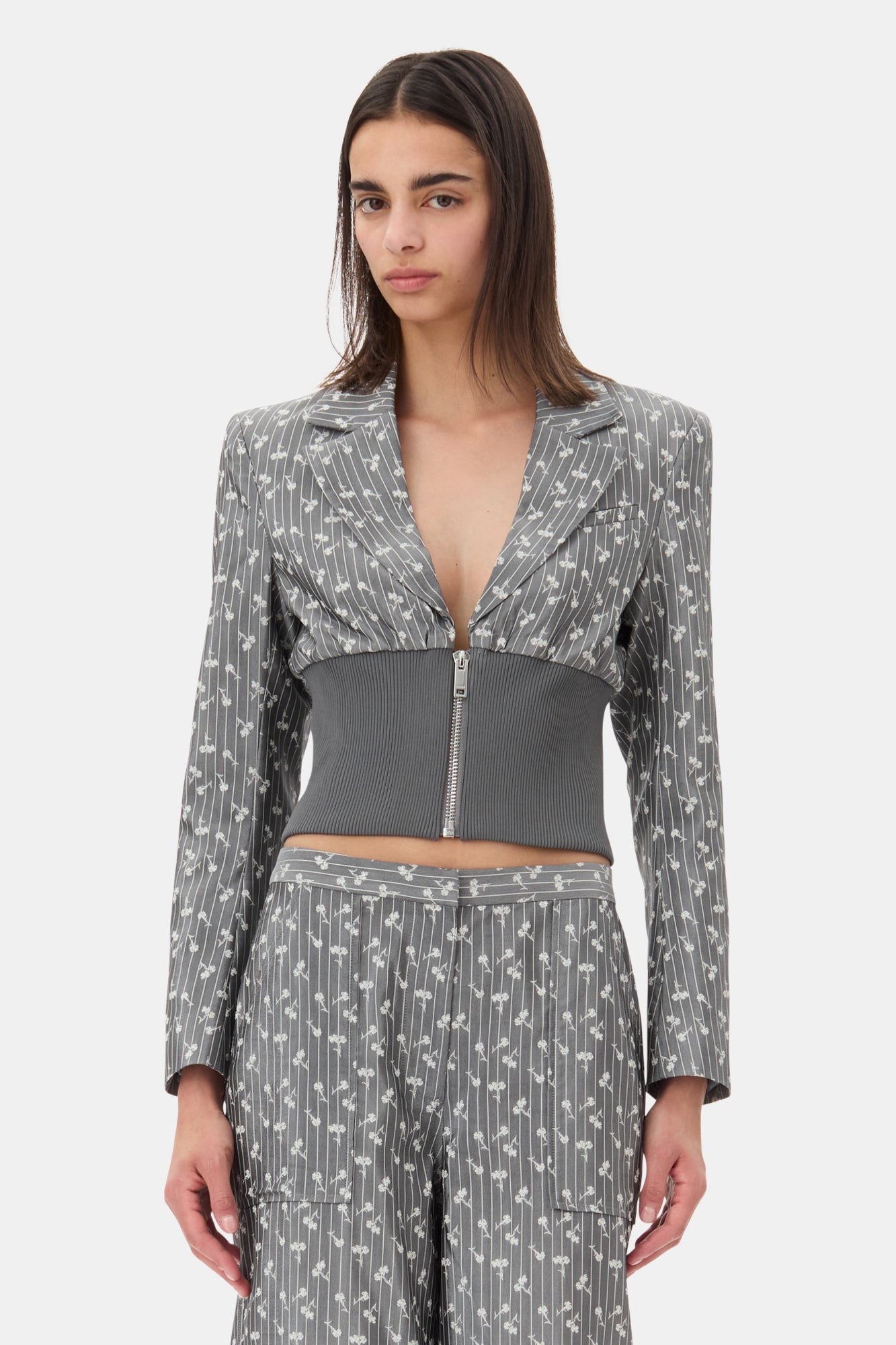 Acetate Jacquard Cropped Blazer | Smoked Pearl