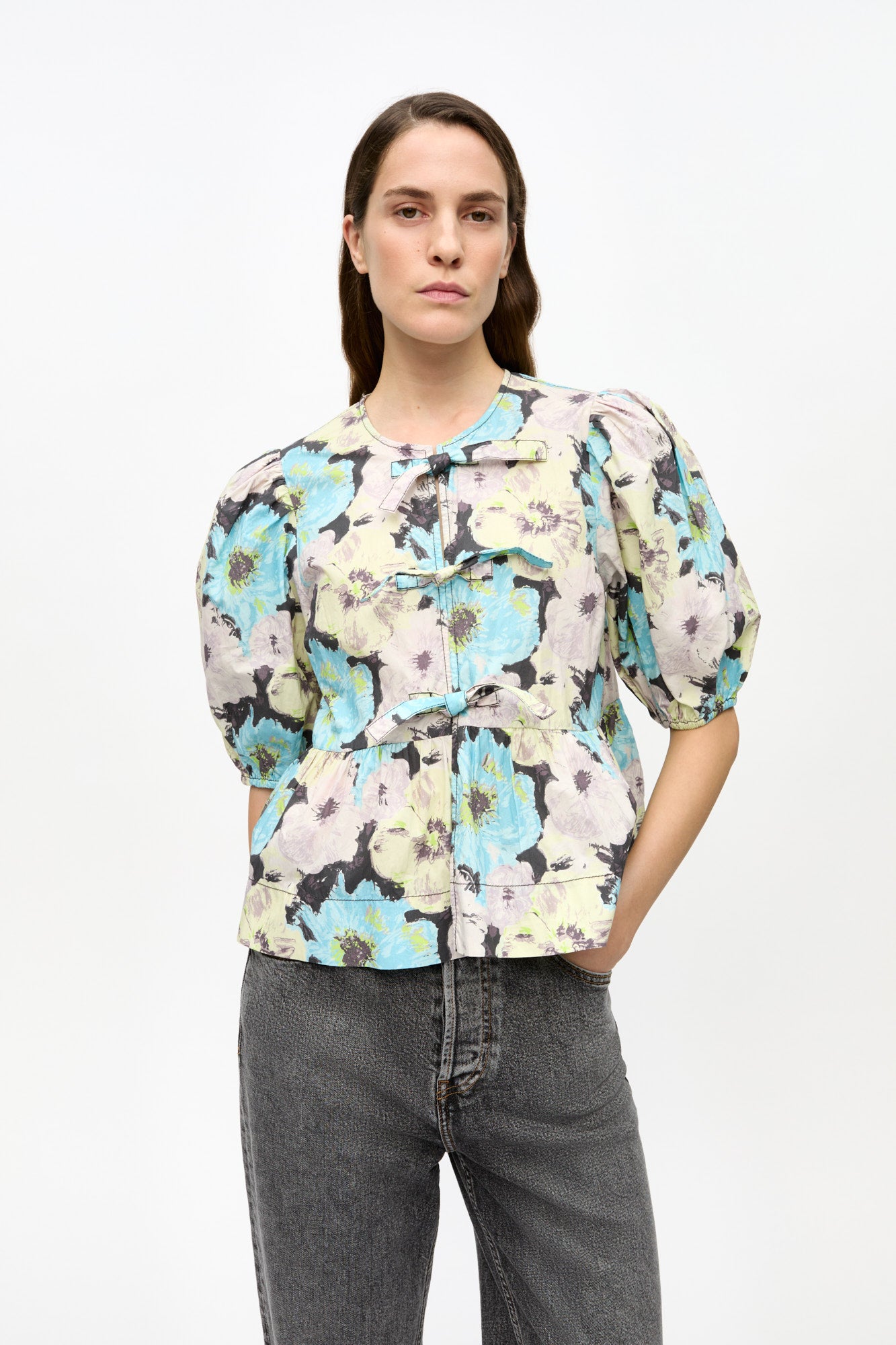 Floral Printed Cotton Peplum Blouse | Multicolor