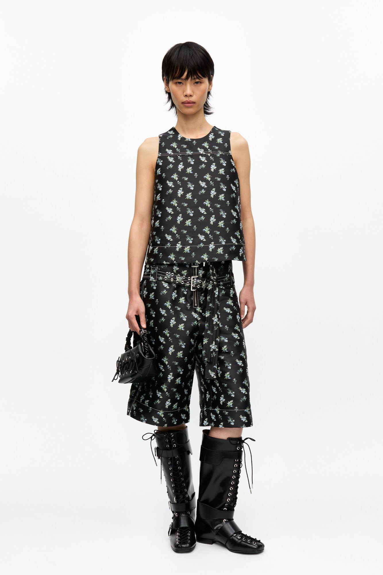 Floral Jacquard Sleeveless Top | Black