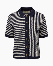 Womens | Linen Knit Button Up Shirt | Deep Navy/White