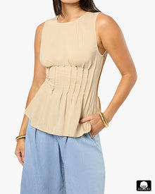 Pleated Peplum Top | Beige