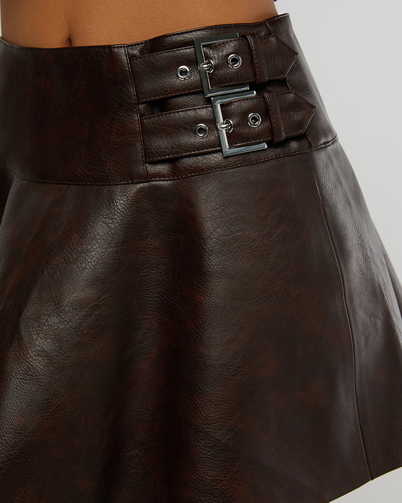 Vegan Leather Buckle Mini Skort | Dark Patina