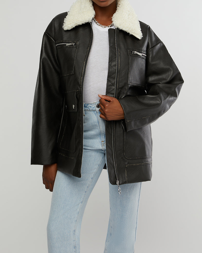 Long Vegan Leather Sherpa Collar Jacket | Grey Patina