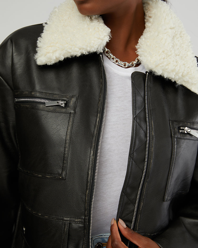Long Vegan Leather Sherpa Collar Jacket | Grey Patina