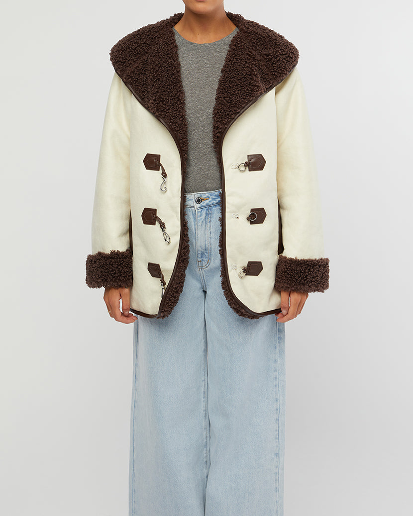 Faux Suede Bonded Sherpa Toggle Jacket | Ecru/Saddle