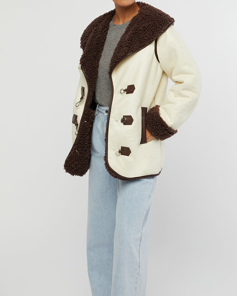 Faux Suede Bonded Sherpa Toggle Jacket | Ecru/Saddle